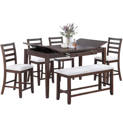 6 Piece Counter Height Dining Set Table With Storage Ladder Back Chairs And Bench - Walnut