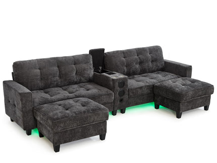 Modern Sectional Sofa U-Shaped With Movable Ottomans, tooth Speakers, LED Lights And Modular Storage