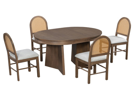 Extendable Round Dining Table Set For 4 With 4 Upholstered Chairs - Beige / Walnut
