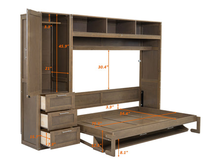 Full Size Murphy Bed With Wardrobe, Drawers, And Open Shelves - Wood