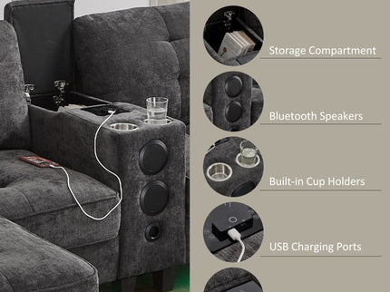 Modern Sectional Sofa U-Shaped With Movable Ottomans, tooth Speakers, LED Lights And Modular Storage