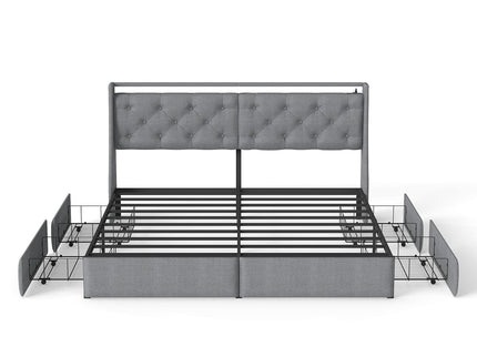 Platform Bed Frame With RGB LED Lights, Charging Station, Storage Headboard & 4 Underbed Drawers