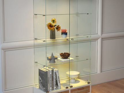 Glass Display Cabinet With LED Lights, Tempered Glass Doors, Large Drawers, 2 Door Storage Case With 4 Shelves - Natural / White