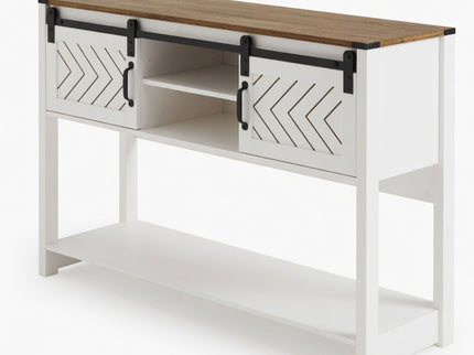 Entryway Table With Sliding Barn Door Storage - White / Oak