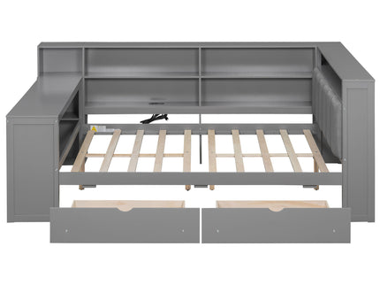 Platform Bed With Upholstered Headboard, Storage Shelves, Drawers, Charging Station, LED Lighting, Built In Desk