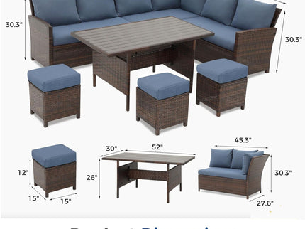 7 Piece Patio Dining Set With Cushions, Modular Sectional Sofa & Storage Table