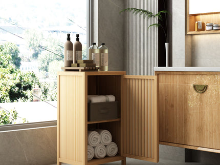 Bamboo Freestanding Storage Cabinet With Door And Shelf For Bathroom, Living Room, Kitchen - Natural / Natural Wood