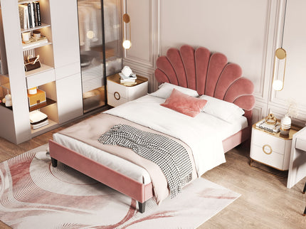 Upholstered Platform Bed With Flower Pattern Headboard