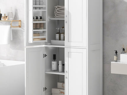 Tall And Wide Bathroom Floor Storage Cabinet With 4 Doors, Adjustable Shelves - White