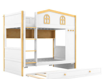 Bunk Bed With House Shaped Guardrails, Storage Shelves, And Trundle