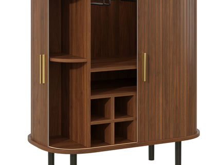 Fluted Wine Bar Cabinet With 8 Grid Wine Rack, 5 Level Adjustable Shelves, 2 Glass Holders