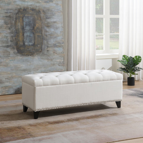 Button-Tufted Storage Ottoman With Safety Close Hinge