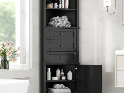 Tall Storage Cabinet With 3 Drawers And Adjustable Shelves For Bathroom