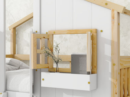 House Bunk Bed With Roof, Window, Window Box, Door, With Safety Guardrails And Ladder