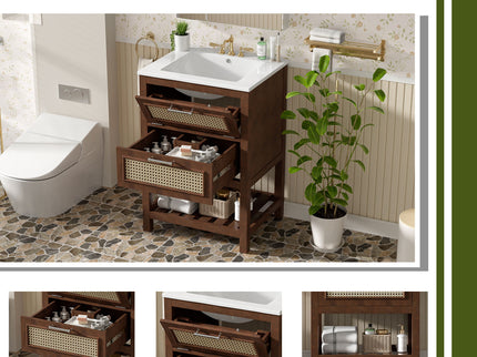 Modern Bathroom Vanity With Integrated Sink, Cabinet With 1 Deep Drawer And 1 Tip-Out Drawer