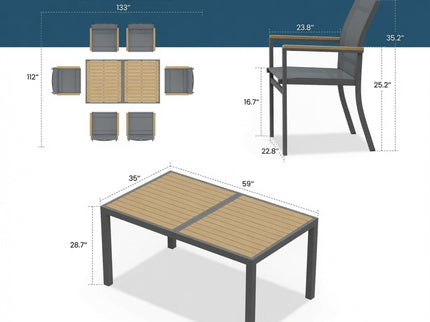 5 Piece Gray Aluminum Patio Dining Set With Textilene Chairs For Outdoor Use