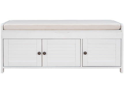 Storage Bench With 3 Shutter-Shaped Doors, Shoe Bench With Removable Cushion And Hidden Storage Space