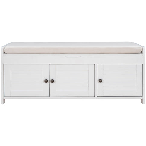 Storage Bench With 3 Shutter-Shaped Doors, Shoe Bench With Removable Cushion And Hidden Storage Space