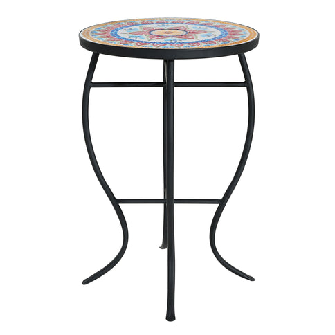 Outdoor Round Side Table With Mosaic Style Top And Curved Iron Legs