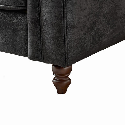 Chesterfield Sofa, High Tech Fabric Roll Armrest, 3 Seater Mid Century Modern Couch - Black
