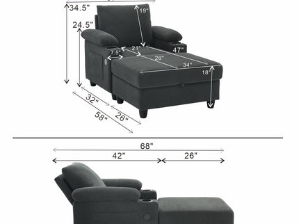 Accent Chair With Storage Ottoman, Reclining Single Chaise Lounge With Cupholders And USB, C Ports