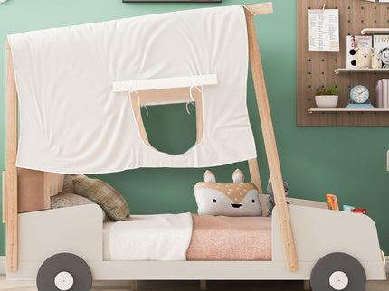 Twin Size Car Bed & Pillow, Ceiling Cloth And LED - Natural