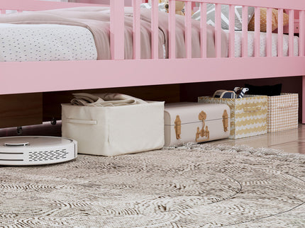 Bed With Headboard Storage Rack, 2 Under Bed Drawers, 3 Side Guardrails For Safety