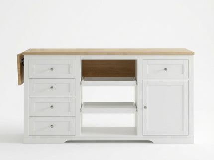 Drop Leaf Kitchen Island With Storage, Power Outlet & Pet Bowl Drawer - White / Light Oak