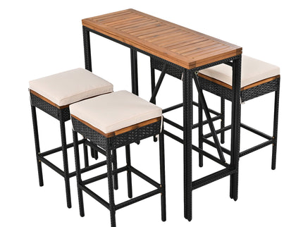 Outdoor Acacia Wood Bar Height Table And Eight Stools With Cushions