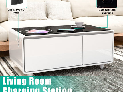 Modern Smart Coffee Table With Built-In Fridge - tooth Speaker, Wireless Charging, Touch Control Panel, USB Interface, Outlet Protection, Atmosphere Light
