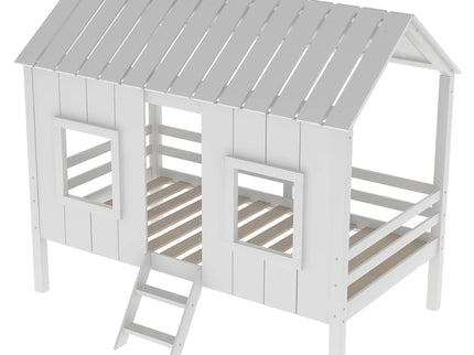 Twin Size Low Loft House Bed With Roof And 2 Front Windows - White