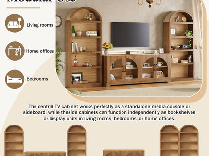 3 Piece TV Stand Set With Bookshelf With Arched Design For Living Room - Brown