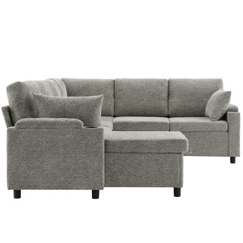U-Shaped Sectional Sleeper Sofa With Ample Storage Space, 2 Cup Holders And Charging Ports For Living Room