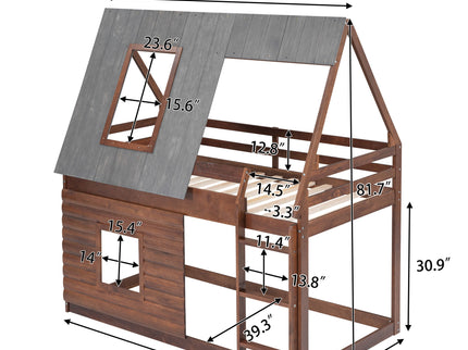 Wood Twin Size House Bunk Bed With Roof, Ladder And 2 Windows - Oak & Smoky Gray