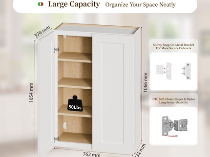 Shaker Wall Cabinet With Soft Close Hinges, Adjustable Shelves, Double Door