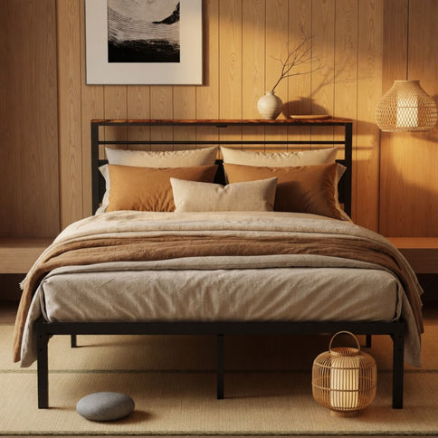 Platform Bed Frame With Charging Station & Headboard Shelves