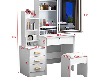 Vanity Desk With Mirror And Lights For Makeup And Chair Set With 3 Adjustable LED Lighting, 4 Drawers - White