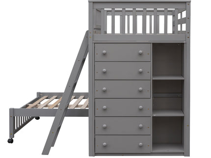 Bunk Bed With 6 Drawers And Flexible Shelves, Bottom Bed With Wheels