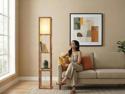 Pinnacle - Shelf Floor Lamp For Bedroom / Living Room, Long Shade - Natural Wood / White