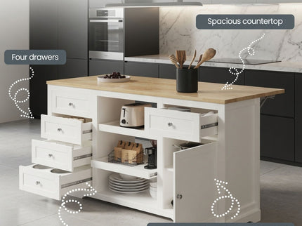 Drop Leaf Kitchen Island With Storage, Power Outlet & Pet Bowl Drawer - White / Light Oak