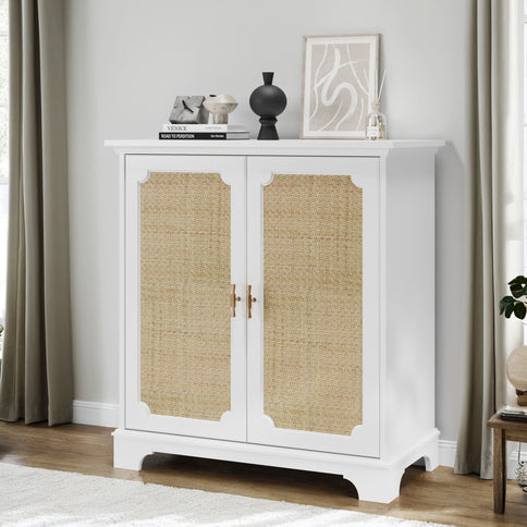 Rattan Decorated Sideboard Buffet Storage Liquor Cabinet - White