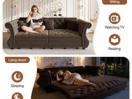 Oversized Chesterfield Pull Out Sofa Bed, Roll Arm Couch With Flower Tufting For Living Room