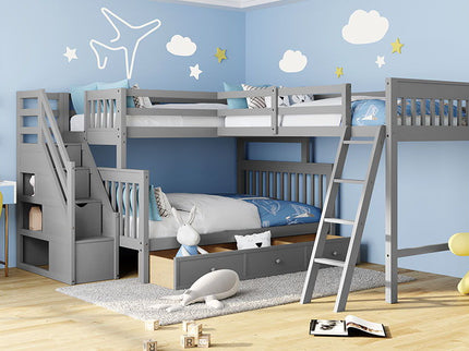 Solid L Shaped Bunk Bed With 3 Drawers, Ladder And Staircase