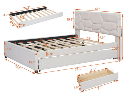 Upholstered Platform Bed With Brick Pattern Headboard And Twin Long Size Trundle
