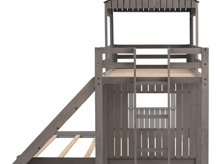 Loft Bunk Bed With Playhouse, Farmhouse, Ladder, Slide And Guardrails