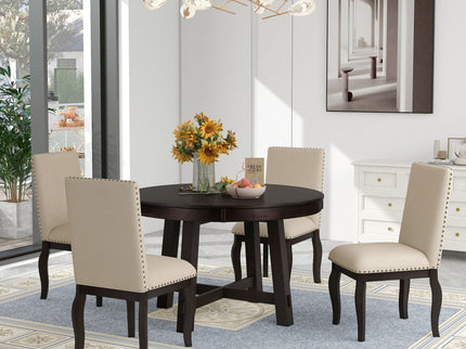 Round Extendable Dining Table Set With 4 Upholstered Chairs