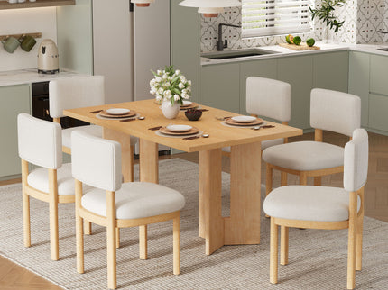 Dining Table Set With 6 Upholstered Chairs, Rectangular Table With Cutout Legs
