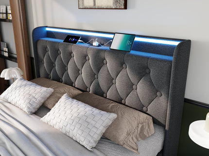 Upholstered Bed, 360 Surround LED Function, Remote Control, Hydraulic Storage Bed With USB, Type-C Charging (Without Mattress)