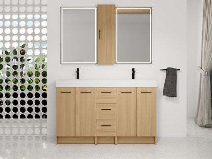 Double Sink Bathroom Vanity Set With Tall Linen Cabinet, 3 Drawers, Extra Large Storage, Integrated Sink, Freestanding Cabinet - Light Oak / White