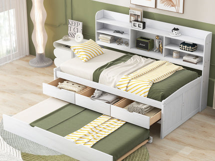 Captain Bed With Built In Bookshelves, 3 Storage Drawers, And Trundle